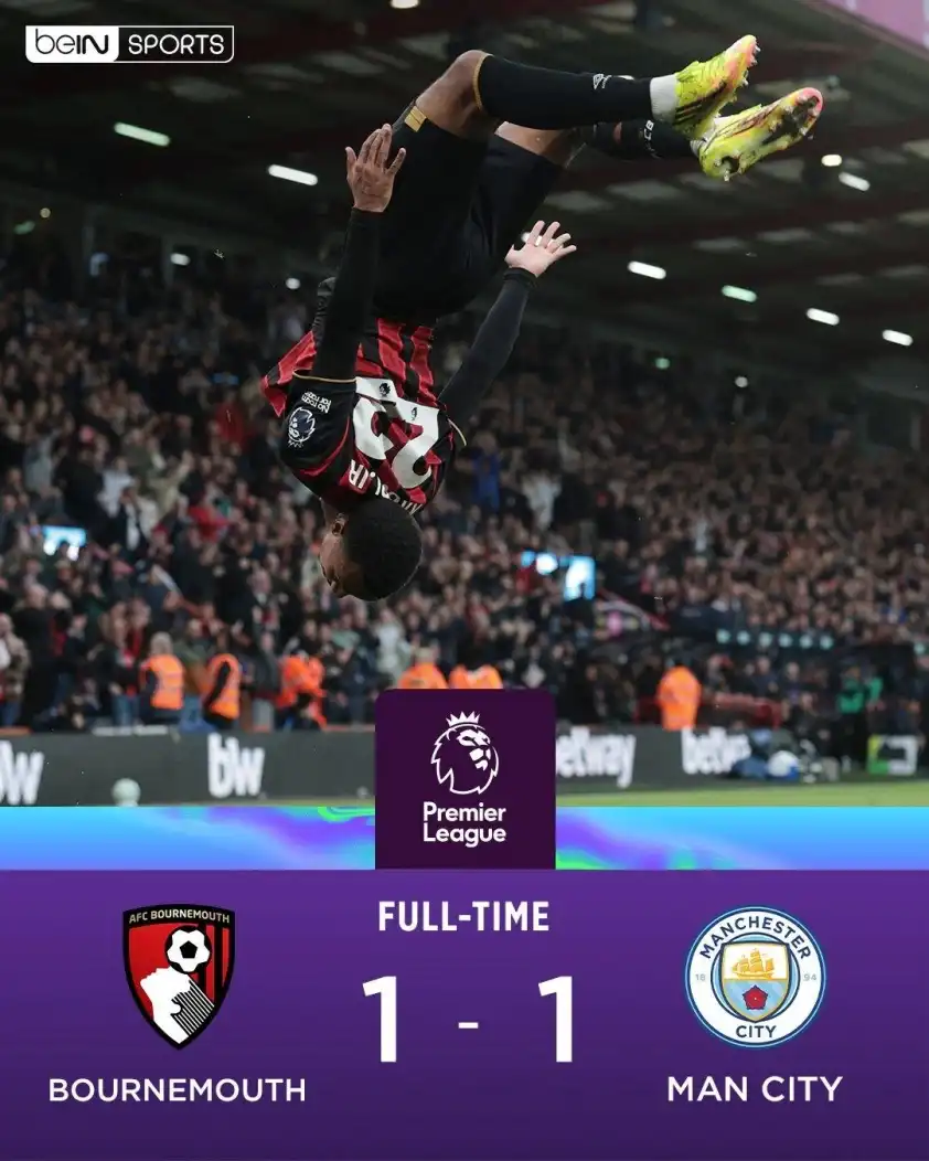 Man City chỉ có được 1 điểm trên sân của Bournemouth (Ảnh: Bein Sports) Man City chỉ có được 1 điểm trên sân của Bournemouth (Ảnh: Bein Sports)